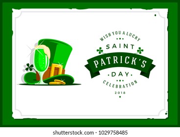Saint Patrick's day vector illustration with traditional symbols. St. Patrick's day colorful greeting card. Celebration poster with irish elements.
