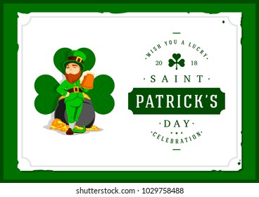 Saint Patrick's day vector illustration with traditional symbols. St. Patrick's day colorful greeting card. Celebration poster with irish elements.