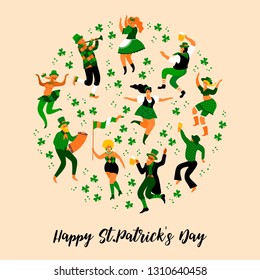 Saint Patrick's Day. Vector illustration with funny people in carnival costumes for Banners, Flyers, Placards, Posters and other use
