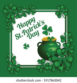 Saint Patrick's Day, Vector illustration brochure, holiday invitation, corporate celebration. shamrock, pot with gold coins, horseshoe, green ale on black background. Vector illustration.