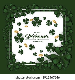 Saint Patrick's Day, Vector illustration brochure, holiday invitation, corporate celebration. shamrock, pot with gold coins, horseshoe, green ale on black background. Vector illustration.