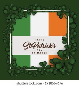 St. Patrick's Day, Vektorgrafik Broschüre, Ferieneinladung, Firmenfeiern. Shamrock, Topf mit Goldmünzen, Hufeisen, grüner Ball auf schwarzem Hintergrund. Vektorgrafik.