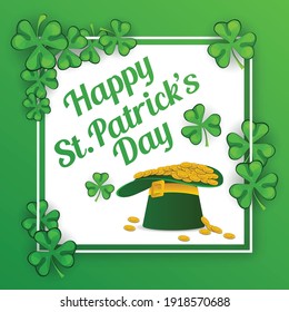 Saint Patrick's Day, Vector illustration brochure, holiday invitation, corporate celebration. shamrock, pot with gold coins, horseshoe, green ale on black background. Vector illustration.