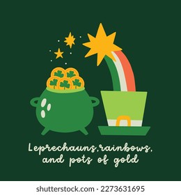 Saint Patrick's Day vector illustration concept pot coins, rainbow, hat and typography. Flat illustration clipart for print design