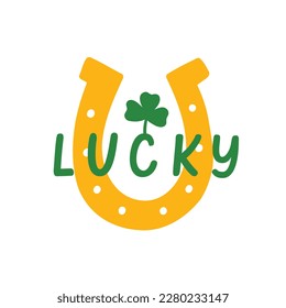 Saint Patrick's Day vector illustration with lucky fortuna golden horseshoe. Flat style clipart for t shirt print design