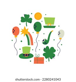 Saint Patrick's Day vector illustration with circle elements leprechaun clover hat balloon coin gift. Flat style clipart for t shirt print design