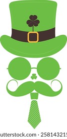 Saint Patrick's Day vector illustration, st. Patrick Day elements leprechaun hat, shamrock, mustache, tie
