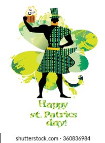Saint Patrick's Day vector illustration - man with beer mug dressed as  leprechaun - green hat, red beard, kilt, no face. Scotsman modern flat design. Grunge paint clover as background. Greeting text.