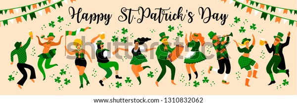 Saint Patrick\'s Day. Vector illustration with funny\
people in carnival costumes for Banners, Flyers, Placards, Posters\
and other use