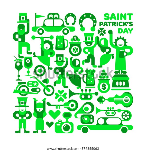 Saint Patrick\'s Day vector illustration\
isolated on a white background. Various cheerful people in green\
celebrate and dance. Feast of St. Patrick.\
