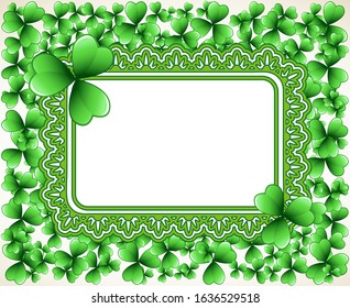 Saint Patrick's Day vector ornate frame with green clover shamrock leaves. Irish festival celebration greeting card design background. Nature floral spring backdrop.
