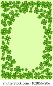 Saint Patrick's Day vector oval frame with small green trefoil clover shamrock leaves. Irish festival celebration greeting card design background. Nature floral spring backdrop.