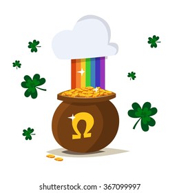 Saint Patricks day vector pot of gold. 2016  St. Patricks day. 17 march. Lucky pot full of golden coins. Clover and shamrock celtic leaves. Irish holiday. Good luck. White background isolated.