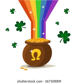 Saint Patricks day vector pot of gold. 2016  St. Patricks day. 17 march. Lucky pot full of golden coins. Clover and shamrock celtic leaves. Irish holiday. Good luck. White background isolated.