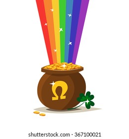 Saint Patricks day vector pot of gold. 2016  St. Patricks day. 17 march. Lucky pot full of golden coins. Clover and shamrock celtic leaves. Irish holiday. Good luck. White background isolated.