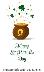Saint Patrick's day vector pot of gold. 2016  St. Patricks day. 17 march. Lucky pot full of golden coins. Clover and shamrock celtic leaves. Irish holiday. White background isolated.