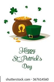 Saint Patricks day vector pot of gold and green Irish hat. 2016  St. Patricks day. 17 march. Lucky pot full of golden coins. Clover and shamrock celtic leaves. Irish holiday. White background isolated