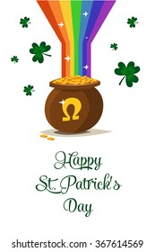 Saint Patrick's day vector pot of gold with rainbow. 2016  St. Patricks day. 17 march. Lucky pot full of golden coins. Clover and shamrock celtic leaves. Irish holiday. White background isolated.