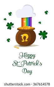 Saint Patrick's day vector pot of gold with rainbow. 2016  St. Patricks day. 17 march. Lucky pot full of golden coins. Clover and shamrock celtic leaves. Irish holiday. White background isolated.