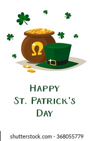 Saint Patricks day vector pot of gold and green Irish hat.  St. Patricks day 17 march. Lucky pot full of golden coins. Clover and shamrock celtic leaves. Irish holiday. White background isolated.