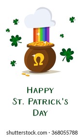 Saint Patricks day vector pot of gold with rainbow. St. Patricks day 17 march. Lucky pot full of golden coins. Clover and shamrock celtic leaves. Irish holiday. Good luck. White background isolated.