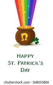 Saint Patricks day vector pot of gold with rainbow. St. Patricks day 17 march. Lucky pot full of golden coins. Clover and shamrock celtic leaves. Irish holiday. Good luck. White background isolated.