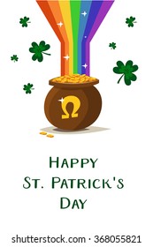 Saint Patricks day vector pot of gold with rainbow.St. Patricks day 17 march. Lucky pot full of golden coins. Clover and shamrock celtic leaves. Irish holiday. Good luck. White background isolated.