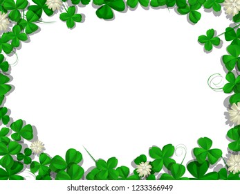 Saint Patrick's Day vector rectangular frame with shamrock leaves and flowers over white background