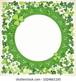 Saint Patrick's Day vector round frame with small green trefoil clover shamrock leaves. Irish festival celebration greeting card design background. Nature floral spring backdrop.