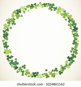 Saint Patrick's Day vector round frame with small green trefoil clover shamrock leaves. Irish festival celebration greeting card design background. Nature floral spring backdrop.