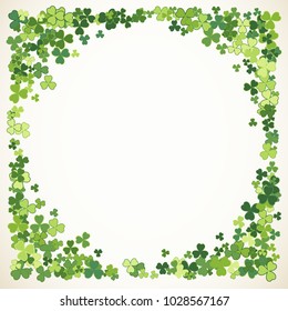 Saint Patrick's Day vector round frame with small green trefoil clover shamrock leaves. Irish festival celebration greeting card design background. Nature floral spring backdrop.