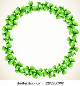 Saint Patrick's Day vector round frame with green clover shamrock leaves. Irish festival celebration greeting card design background. Nature floral spring backdrop.