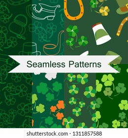 Saint Patricks Day vector seamless pattern set of green background