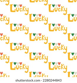 Saint Patrick's Day vector seamless pattern with lettering lucky ireland flag heart. Irish background for print, textile, wrapping paper, fabric