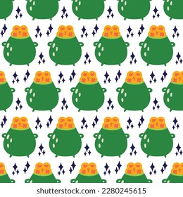 Saint Patrick's Day vector seamless pattern with pot leprechaun. Irish background for print, textile, wrapping paper, fabric