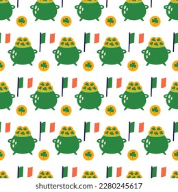 Saint Patrick's Day vector seamless pattern with ireland pot of leprechaun coins. Irish background for print, textile, wrapping paper, fabric