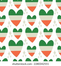 Saint Patrick's Day vector seamless pattern with ireland heart flag. Irish background for print, textile, wrapping paper, fabric