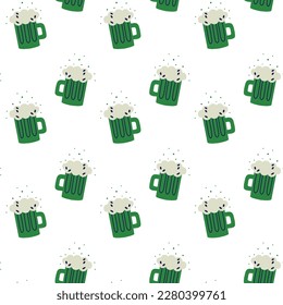 Saint Patrick's Day vector seamless pattern with green ireland beer. Irish background for print, textile, wrapping paper, fabric