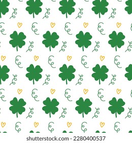Saint Patrick's Day vector seamless pattern with green clover heart. Irish background for print, textile, wrapping paper, fabric