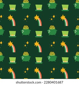 Saint Patrick's Day vector seamless pattern with green pot leprechaun coin hat rainbow star. Irish background for print, textile, wrapping paper, fabric