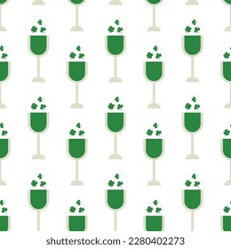 Saint Patrick's Day vector seamless pattern with green glass of wine clover. Irish background for print, textile, wrapping paper, fabric