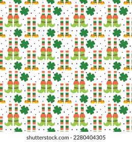 Saint Patrick's Day vector seamless pattern with leprechaun shoe legs clover. Irish background for print, textile, wrapping paper, fabric