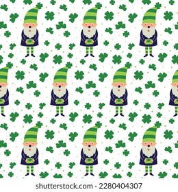 Saint Patrick's Day vector seamless pattern with green clover gnome leprechaun. Irish background for print, textile, wrapping paper, fabric