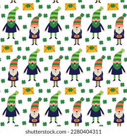 Saint Patrick's Day vector seamless pattern with gnome lerechaun. Irish background for print, textile, wrapping paper, fabric
