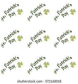 Saint Patrick's Day vector seamless pattern with green clover and type items on white background. Festive Endless template for wrapping, decoration, banner and advertisement backdrop.