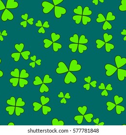 Saint Patrick's day vector seamless background, green holiday pattern with clovers, floral theme, eco concept