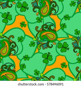 Saint Patrick's day vector seamless background, green and orange holiday pattern with clovers, floral theme, eco concept, Irish flag colors
