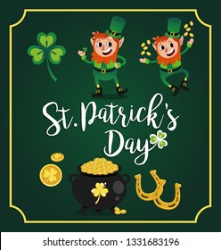 Saint Patrick's Day Vector Set, Leprechaun, Shamrock, Horseshoe, Pot of Gold.