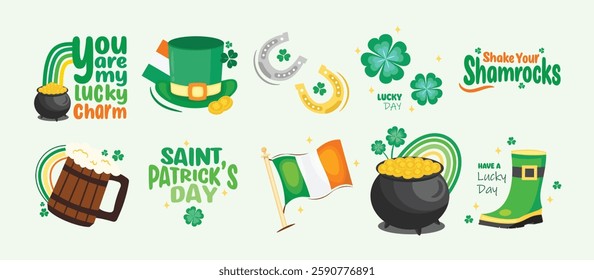 Saint Patrick's Day Vector Set include laprechaun hat, shamrocks, ireland flag, lucky day, lucky charm, clover