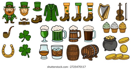 Saint Patrick's Day vector set with leprechaun, shamrocks, beer, harp, and pot of gold